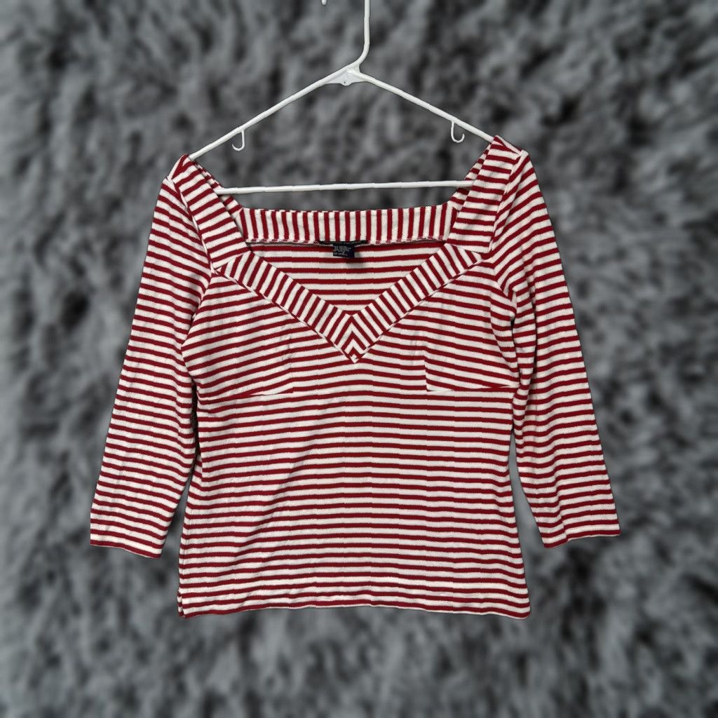Boston Proper VINTAGE Boston Proper Shirt S Red White Striped 3/4 Sleeve V-Neck Womens - Nautical Preppy Lightweight Knit Top Size S / US 4 / IT 40 - 1 Thumbnail