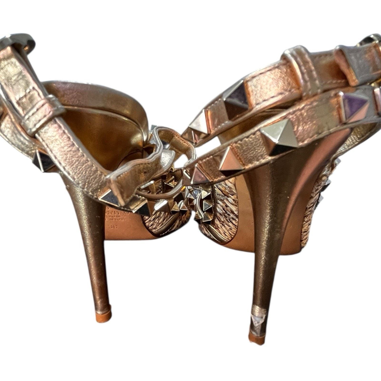 Valentino Valentino Rockstud T Strap Raffia Pumps Gold Studded 38 Heel Size US 8 / IT 38 - 4 Thumbnail