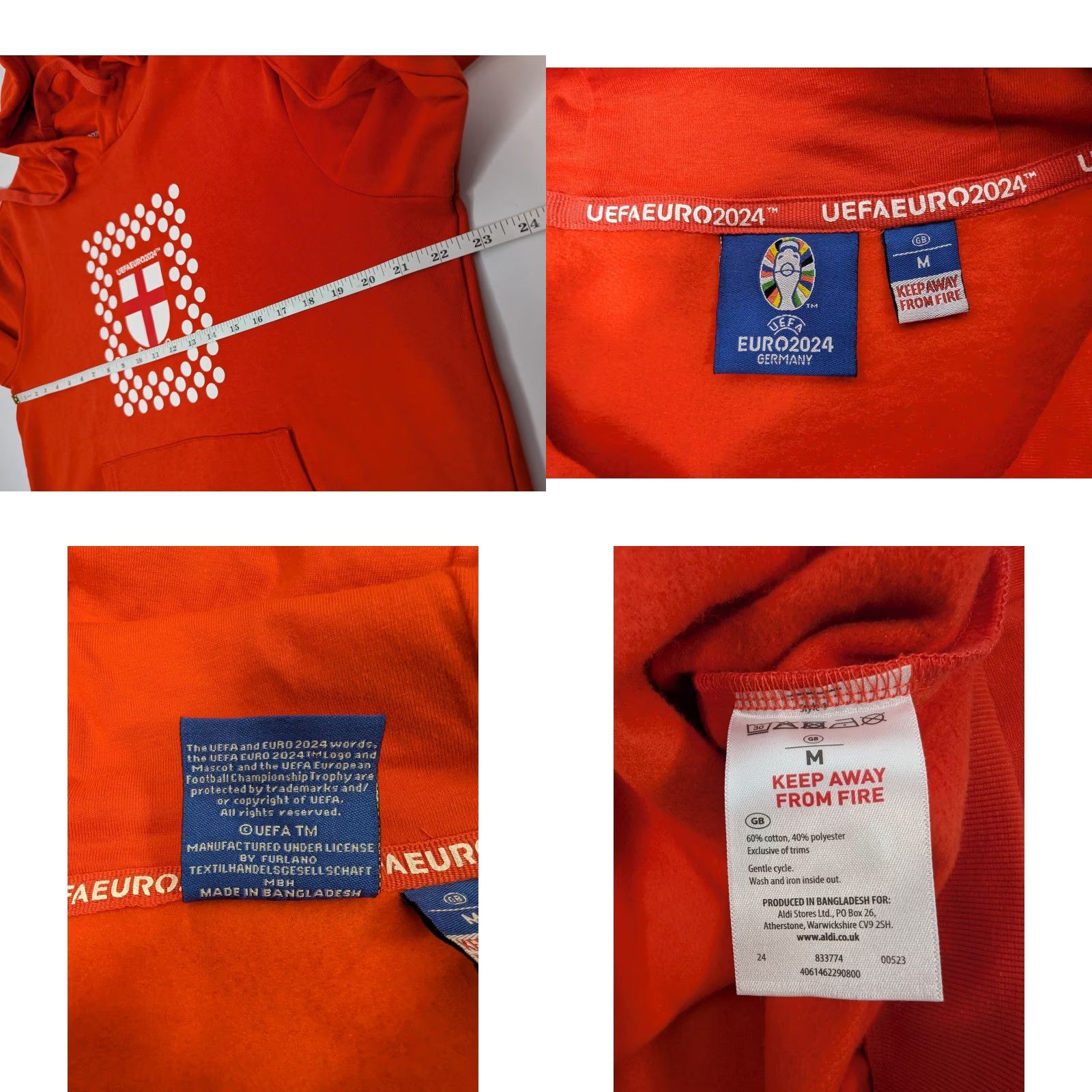 George UEFA Euro 2024 Hoodie England Red Orange Adult M Pullover Soccer Soccer UK England Hooded Pockets Mens Size US M / EU 48-50 / 2 - 8 Thumbnail