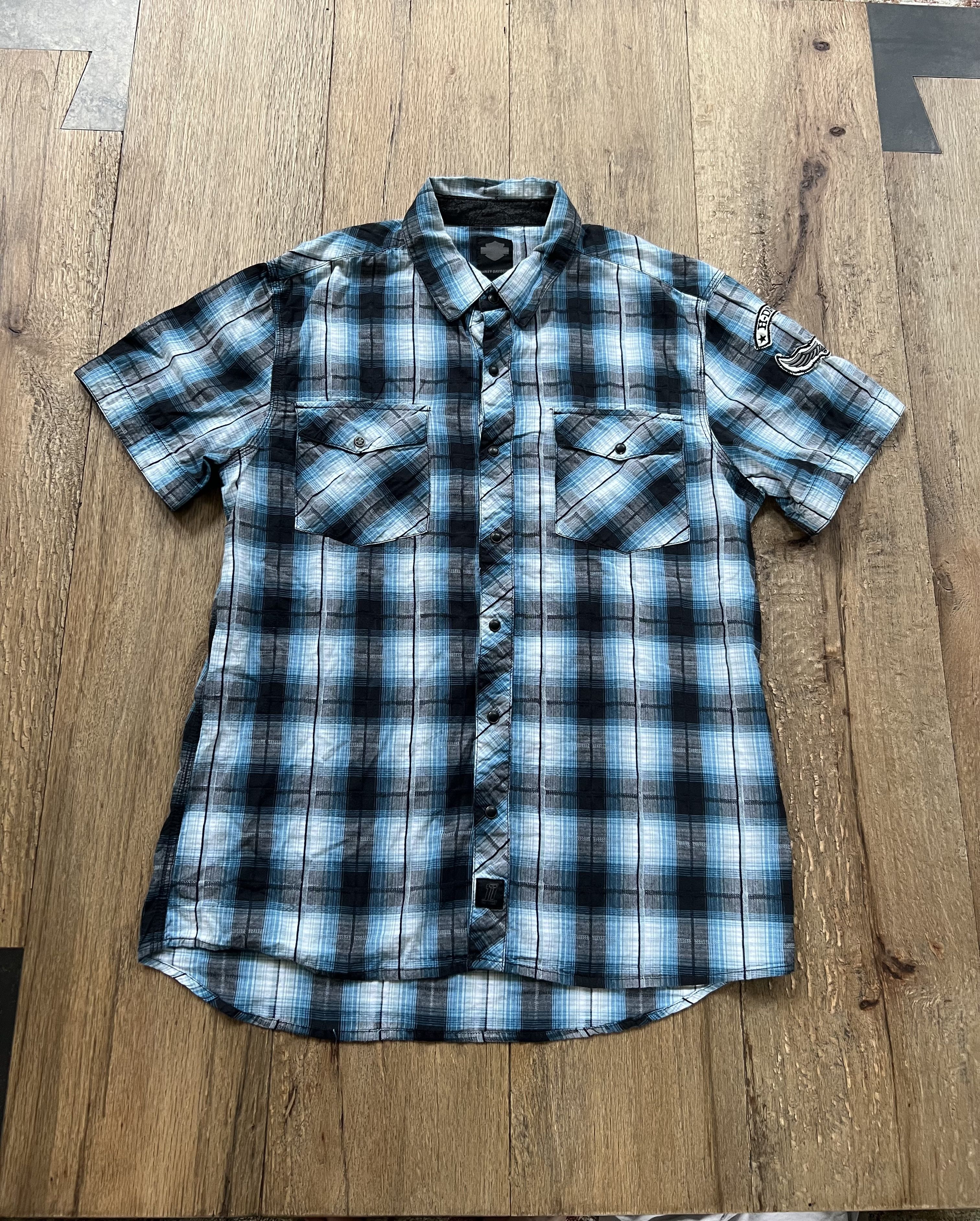 Harley Davidson Harley Davidson Plaid Blue Y2K Button-up w arm patch Sz L Size US L / EU 52-54 / 3 - 1 Thumbnail