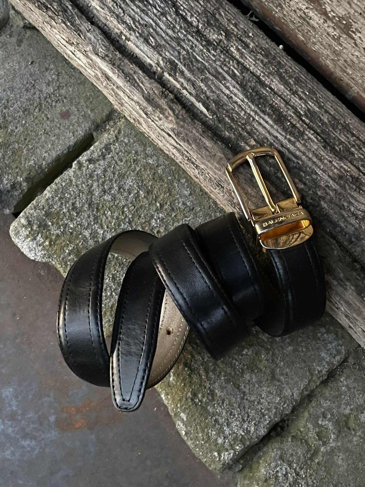 Balenciaga Vintage Black Leather Belt Metal Logo