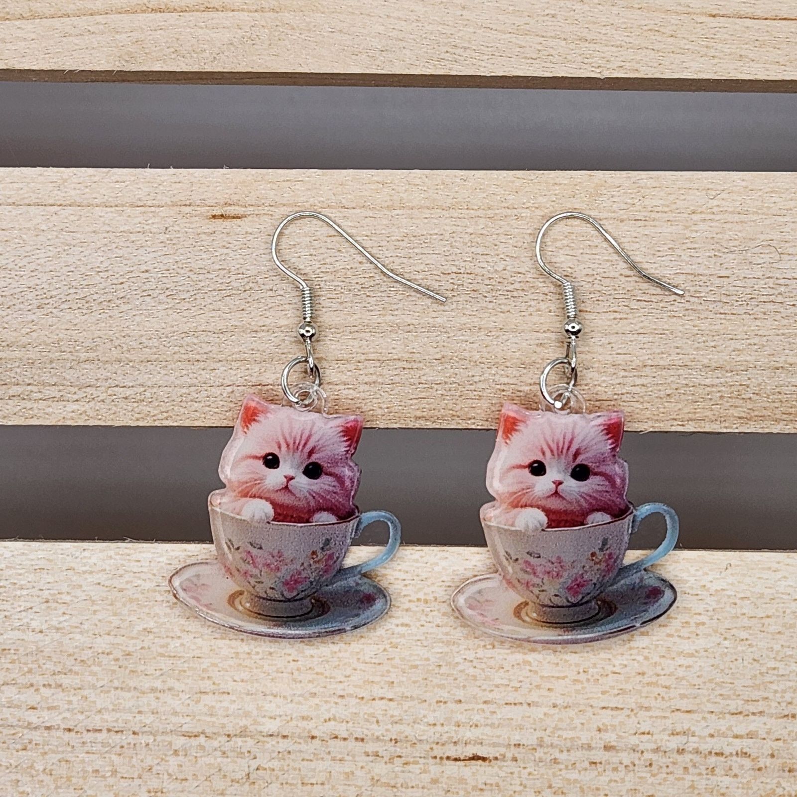 Other Pink Cat in Floral Teacup Acrylic Earrings Size ONE SIZE - 3 Thumbnail