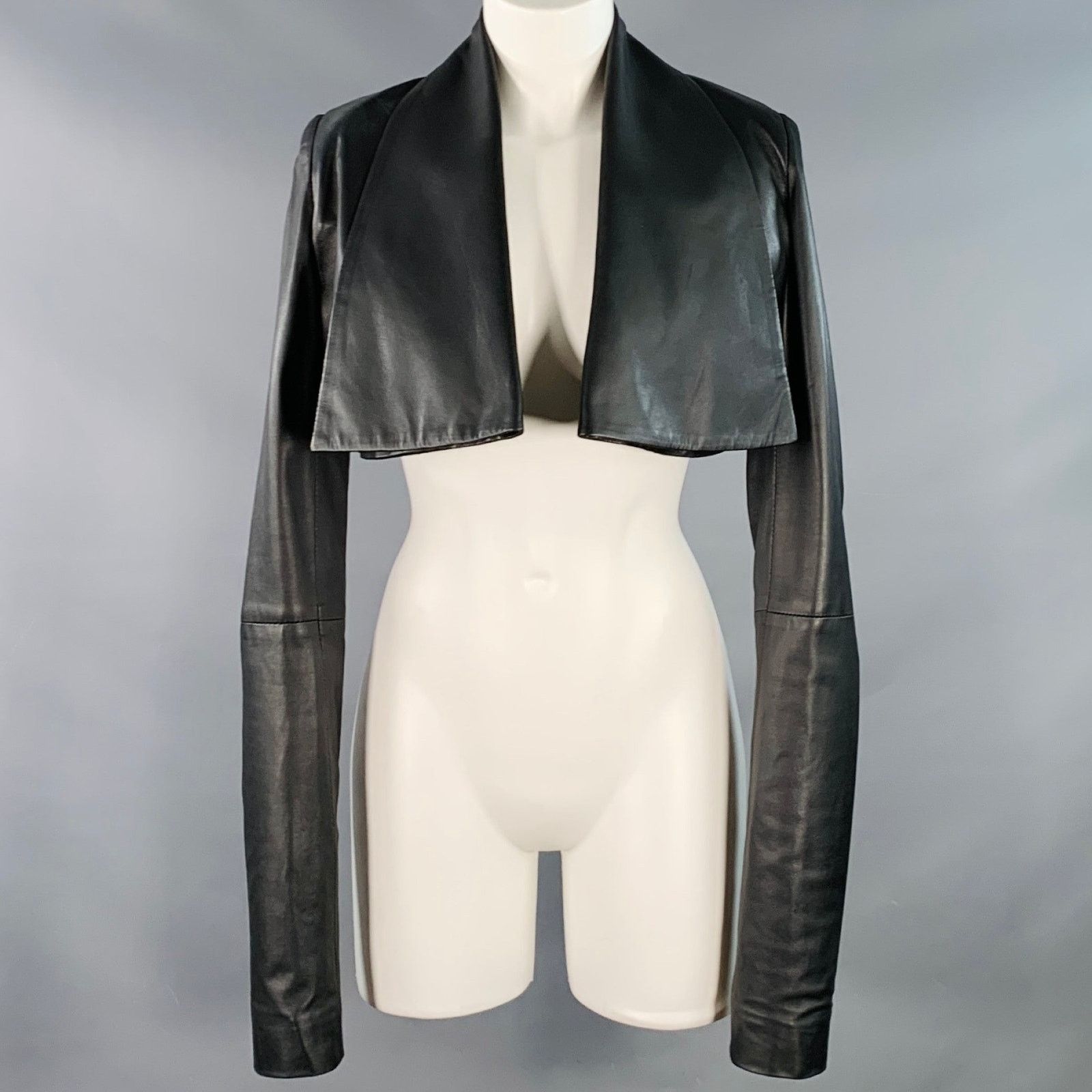 Other Black Leather Cropped Large Lapel Open Front Jacket Blazer Size XS / US 0-2 / IT 36-38 - 1 Thumbnail