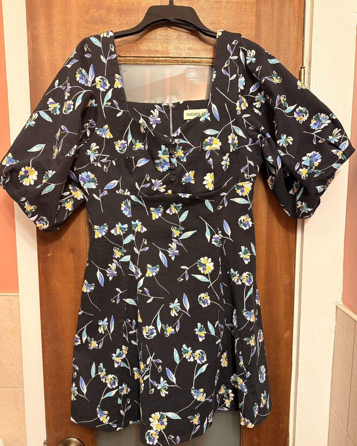 NICHOLAS NICHOLAS Lydia Black Floral Print Mini Short Puff Sleeves Size L / US 10 / IT 46 - 1 Thumbnail