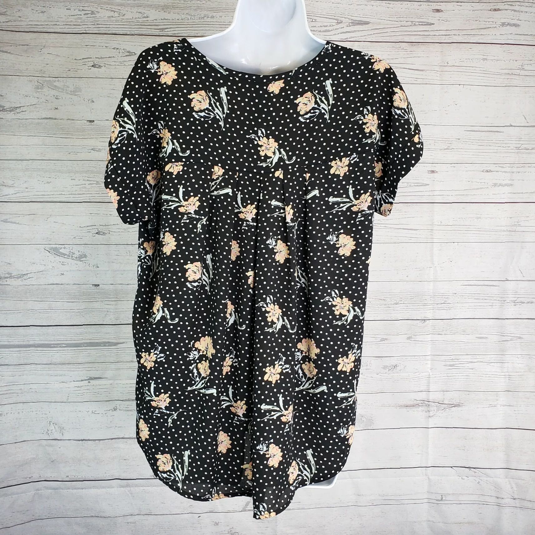 Vintage Pleione Blouse Women's Small Black Floral Polka Dots Scoop Neck Shirt Size S / US 4 / IT 40 - 3 Thumbnail