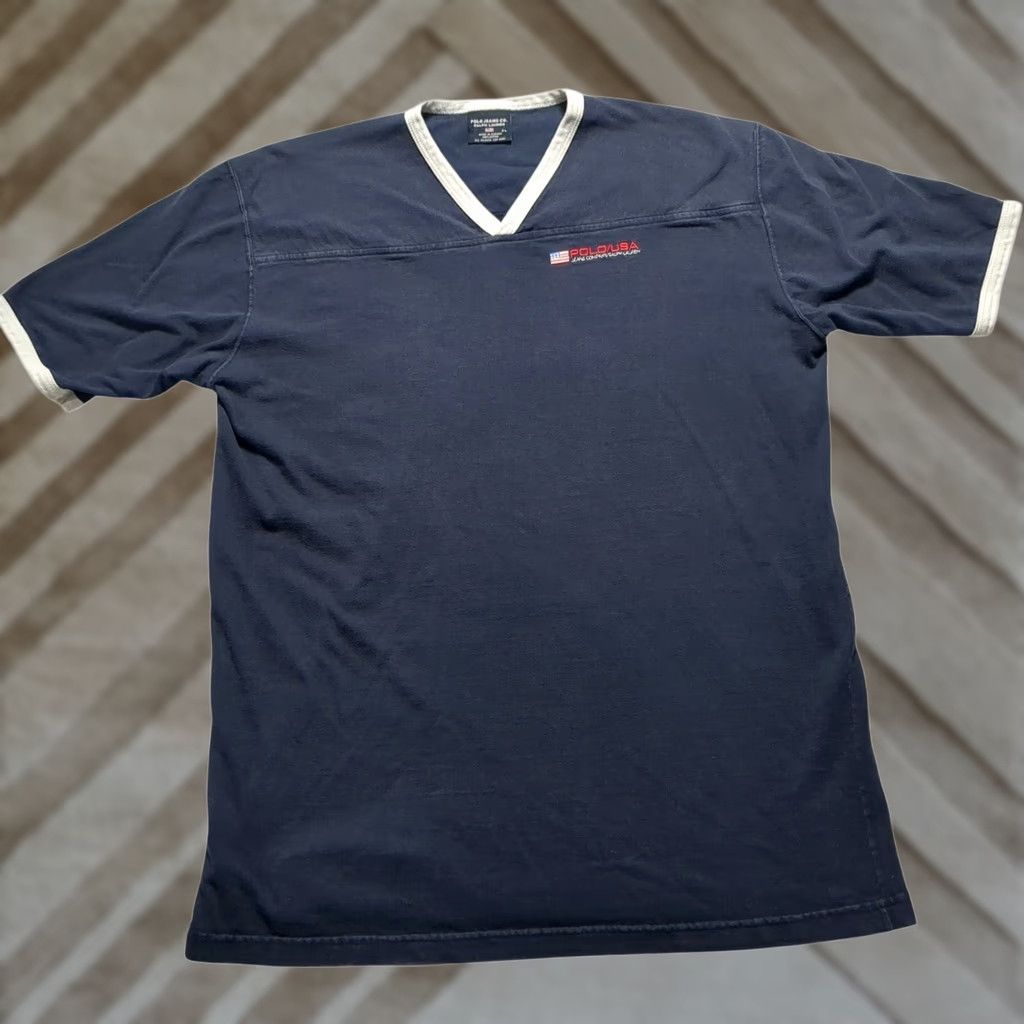 Ralph Lauren VINTAGE Polo Jeans Co. Ralph Lauren USA Flag V-Neck Ringer T-Shirt Navy Mens XL Size US XL / EU 56 / 4 - 1 Thumbnail