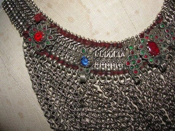 Designer Afghani Metal Collar Inlaid with Colored Glass and Bells Size ONE SIZE - 2 Thumbnail