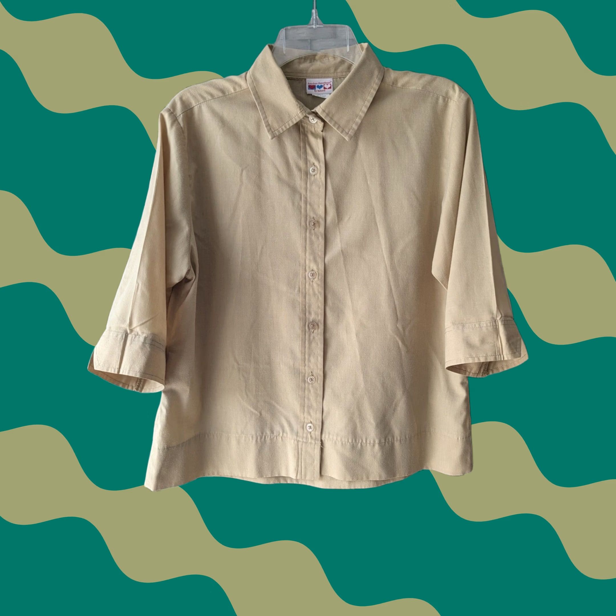 Haband VINTAGE Haband Button Up Top Tan 3/4 Sleeve Blouse Sz L Beige Cotton Blend Women's Shirt, Casual, Workwear, 90s? Size L / US 10 / IT 46 - 1 Thumbnail