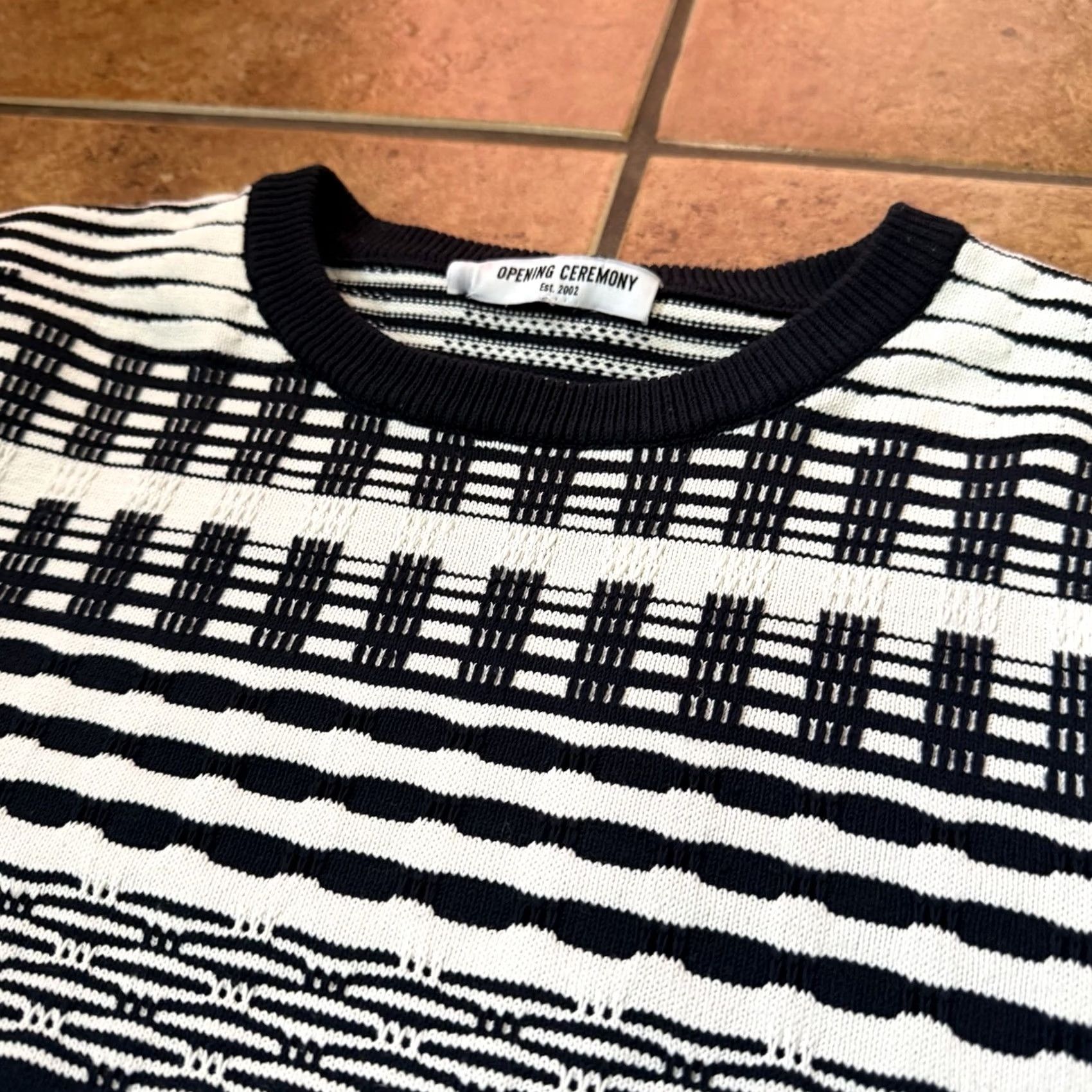 Opening Ceremony OPENING CEREMONY Men's White Striped Knit Sweater Size S Pullover Distressed Black Knit Open Pattern Sweater Mens Size US S / EU 44-46 / 1 - 5 Thumbnail