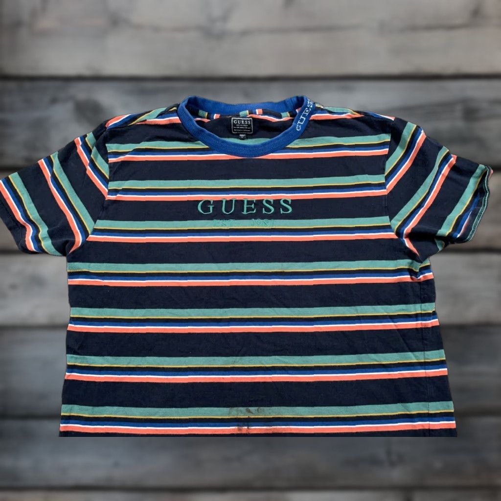 Guess GUESS Striped Embroidered T-Shirt Adult Large Black Orange Green 90s Retro Mens Size US L / EU 52-54 / 3 - 1 Thumbnail
