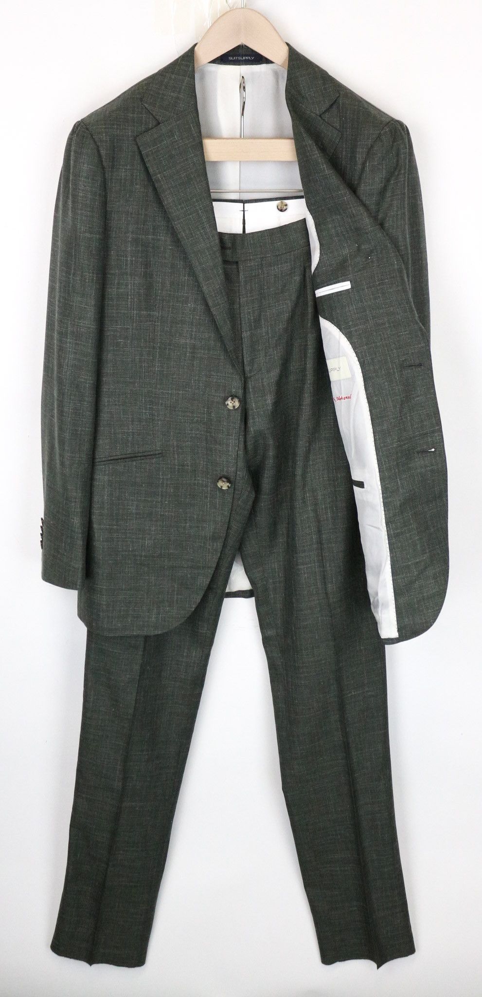 image of Suitsupply La Spalla Uk38L Green Wool Silk Linen Suit 70894, Men's