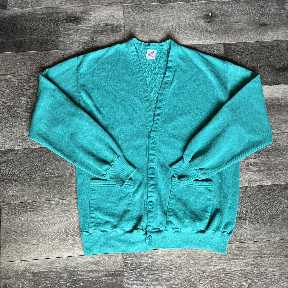 Jerzees Vintage 1990s Jerzees Blank Teal Cardigan Sweatshirt Button Size US L / EU 52-54 / 3 - 1 Thumbnail