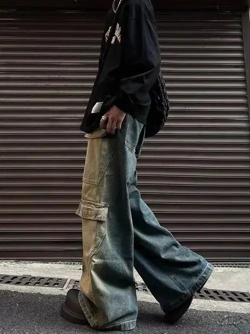 Jean Yellow mud-dyed gradient velcro large pocket cargo jeans Size US 32 / EU 48 - 4 Thumbnail