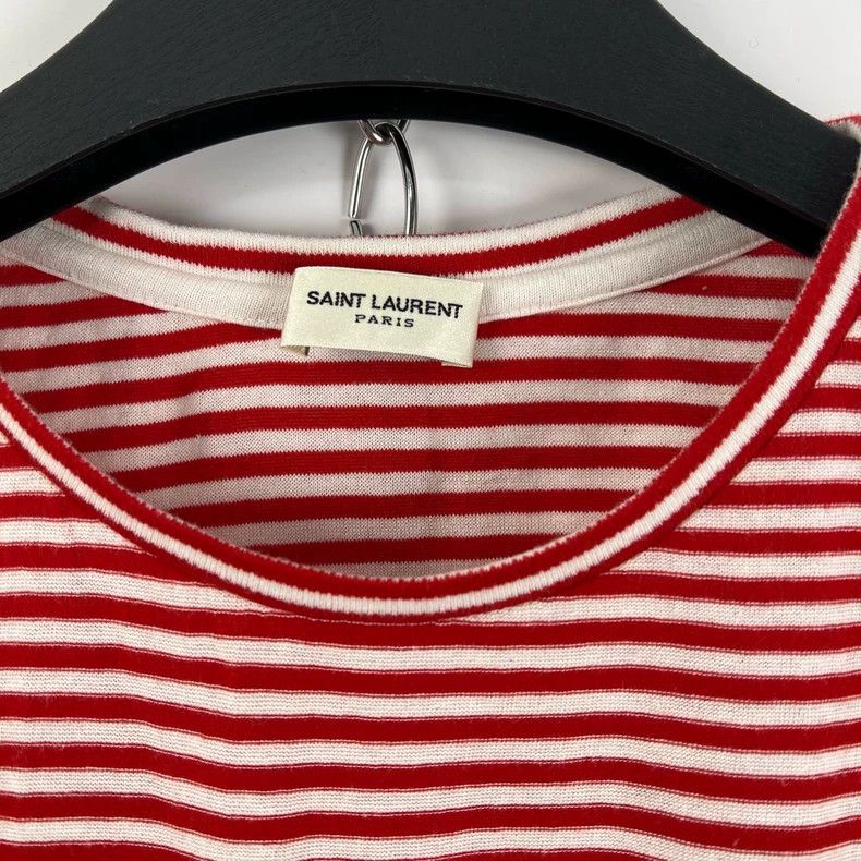 Saint Laurent Paris Saint Laurent Red and white striped flocked logo short slee Size M / US 6-8 / IT 42-44 - 3 Thumbnail