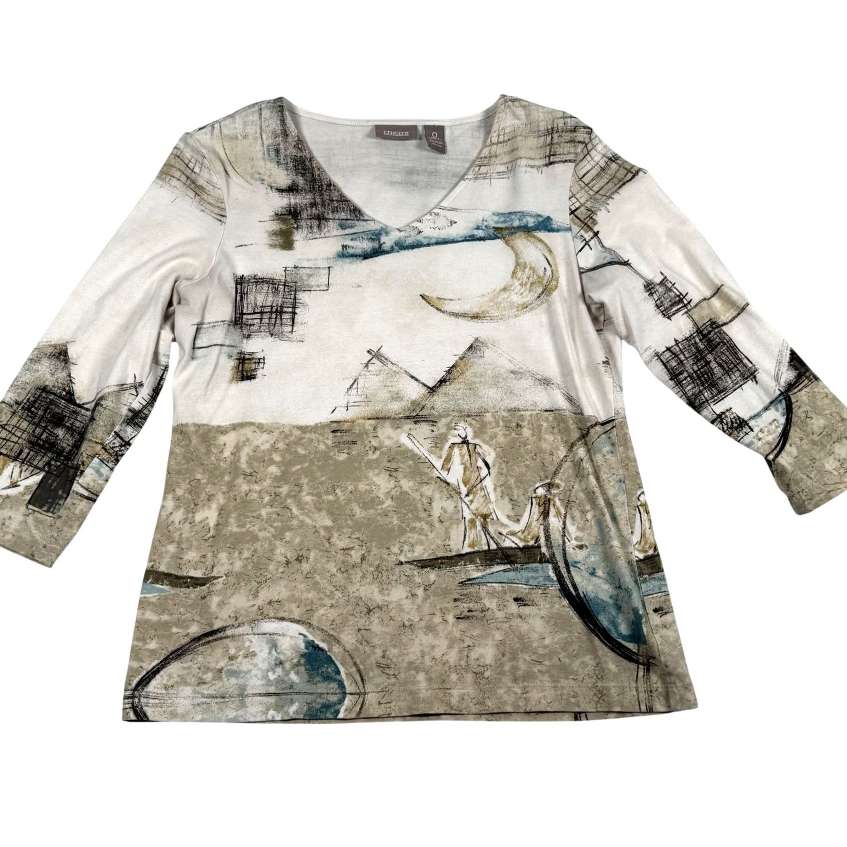 Vintage Chico's Shirt Womens 0 Top Small Beige Abstract Print V Neck 3/4 Sleeve Desert Earthy Neutral Vintage: No Size S / US 4 / IT 40 - 2 Thumbnail