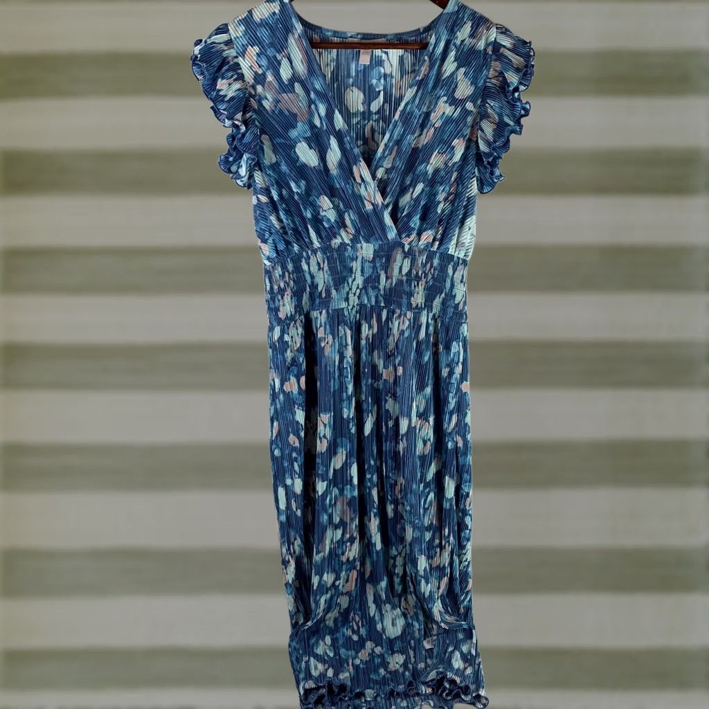 Vintage VINTAGE Chelsea 28 Maxi Dress Womens Medium Blue Abstract Floral Pleated Ruffle Sleeve Size M / US 6-8 / IT 42-44 - 1 Thumbnail