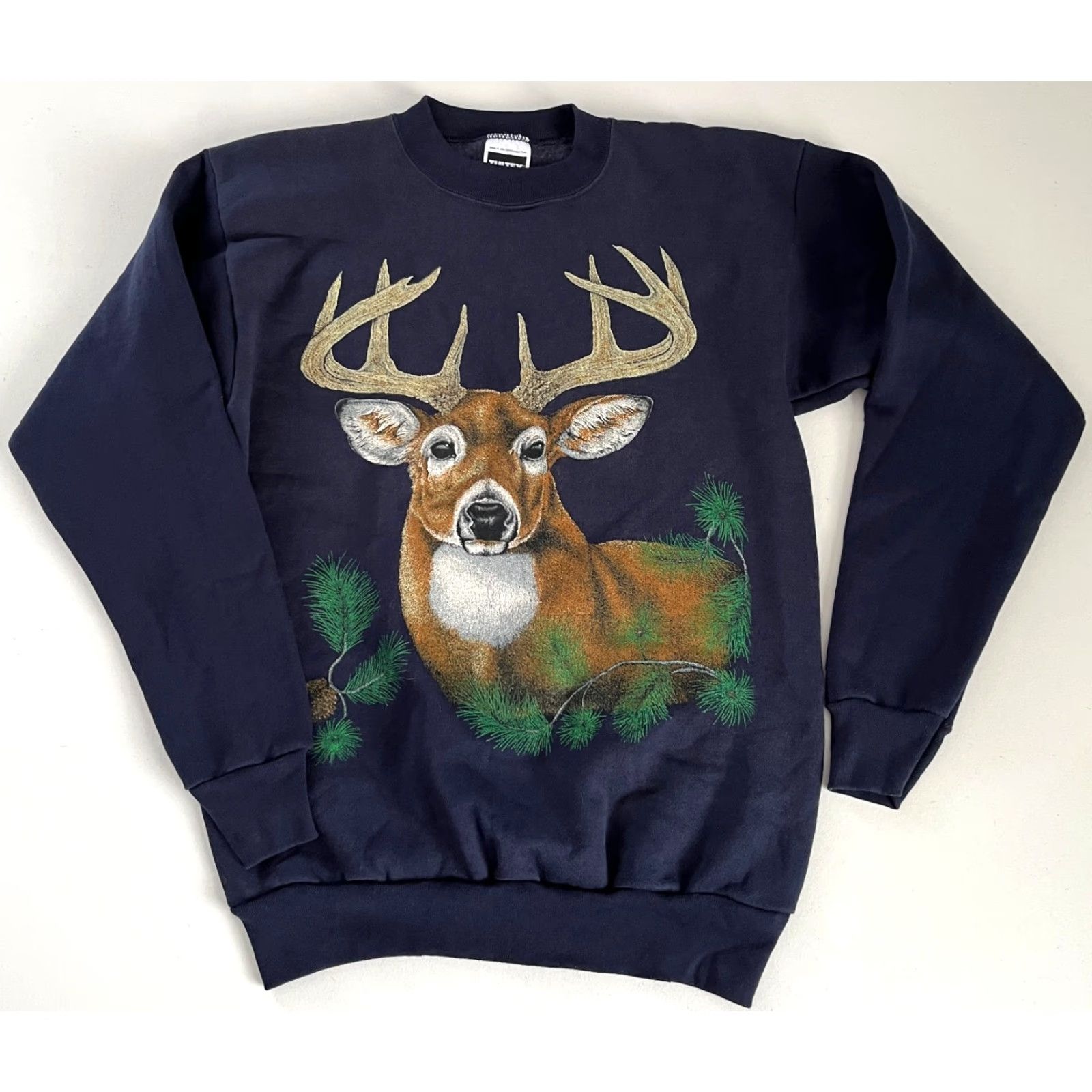 Tultex VINTAGE Tultex Unisex Adults Sweatshirt Crewneck Pullover 90s Navy Whitetail Deer Graphic Print Size L US Made in USA Mens Womens Size US L / EU 52-54 / 3 - 5 Thumbnail