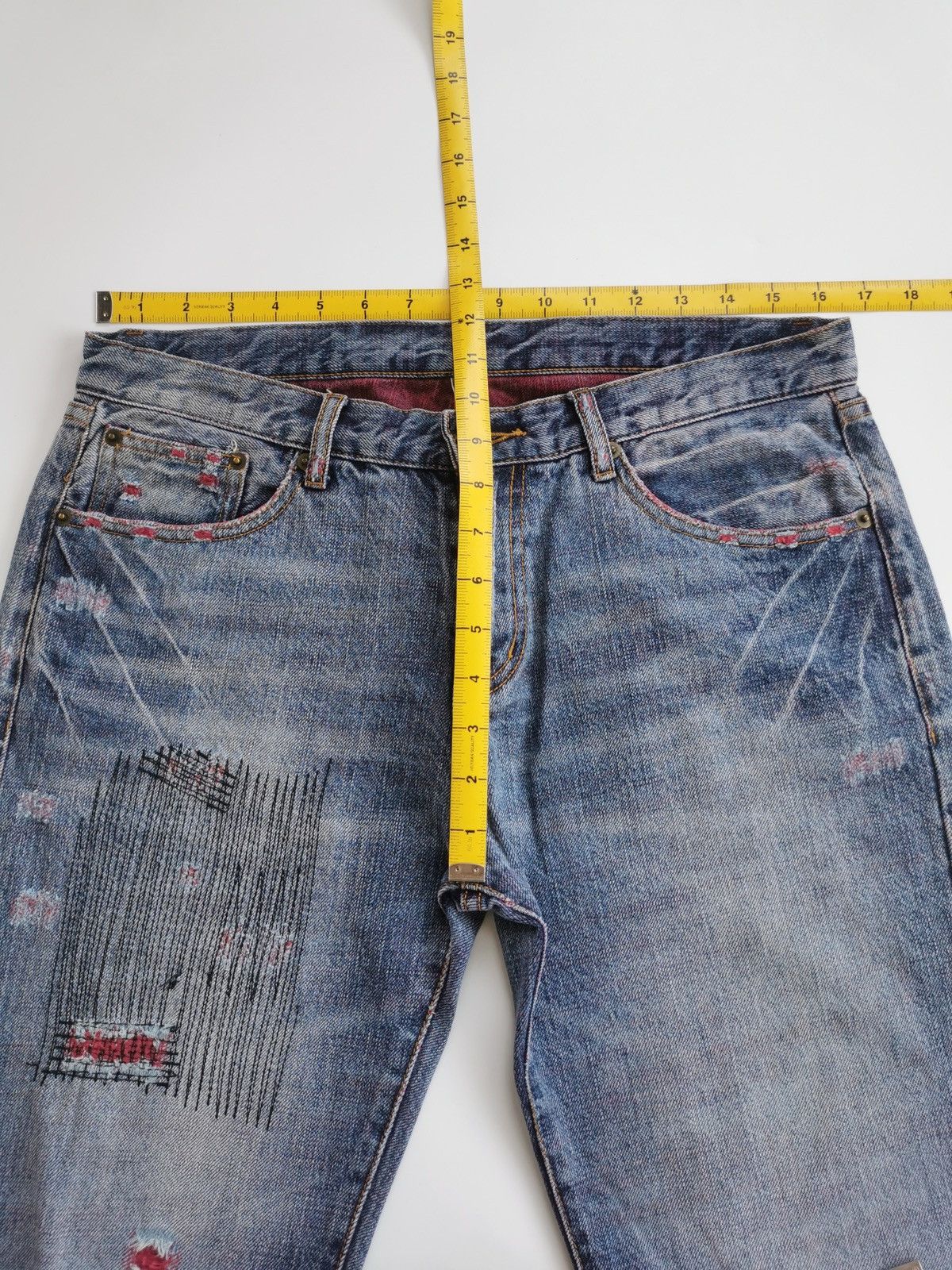 Japanese Brand Reddish Vibgyor Distressed Repair Denim Jeans Size US 33 - 13 Thumbnail