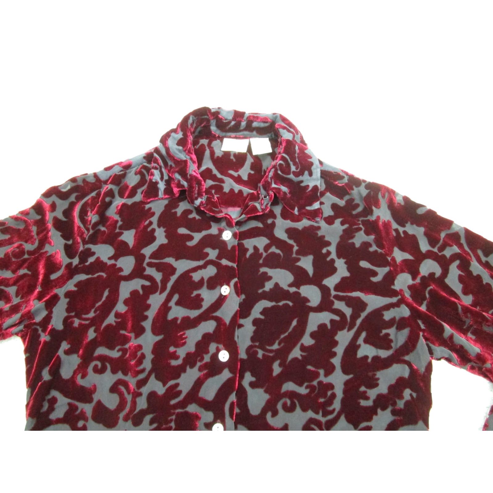 Merona VINTAGE Merona Shirt Womens XS Red Burnout Velvet Floral Sheer y2k Whimsigoth Fairy Boho Size XS / US 0-2 / IT 36-38 - 2 Thumbnail