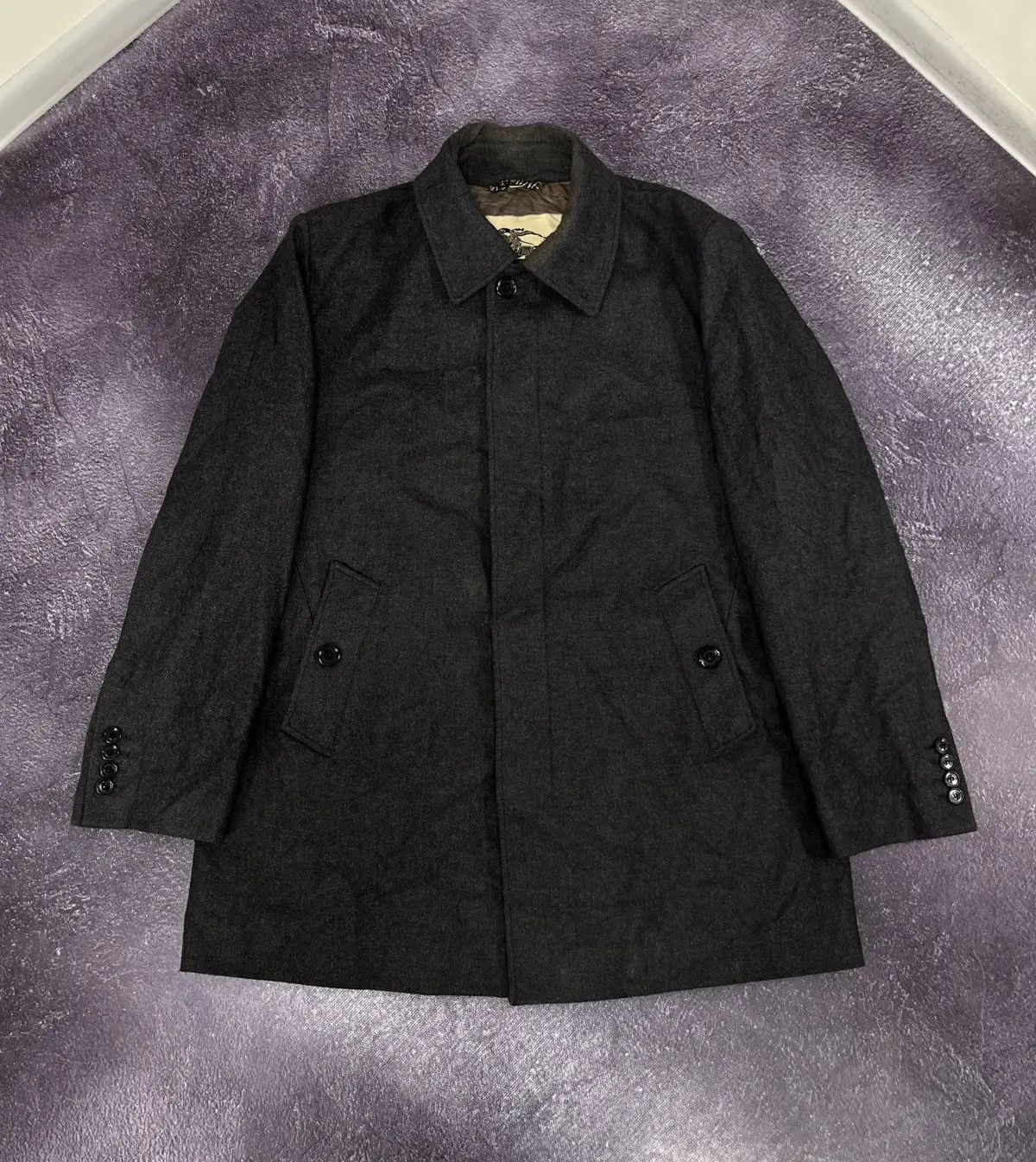 image of Burberry Luxury Dark Grey Monogram Wool Coat, Men's (Size XL)