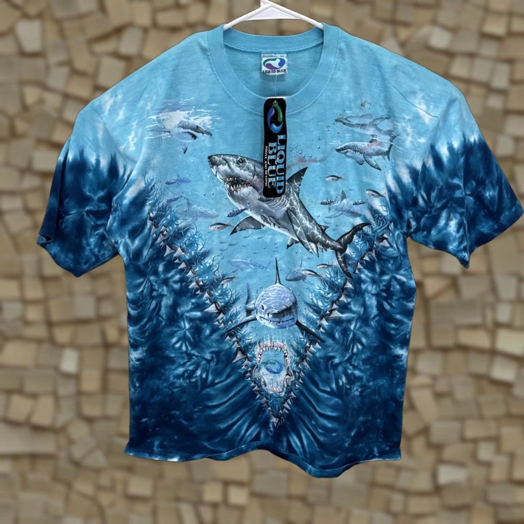 Liquid Blue VINTAGE Liquid Blue Great White Jaws SHARK BITE Ocean T-SHIRT Tie Dye XL Unisex 1990s Graphic Tee Blue/Nautical Mens Womens Size US XL / EU 56 / 4 - 1 Thumbnail