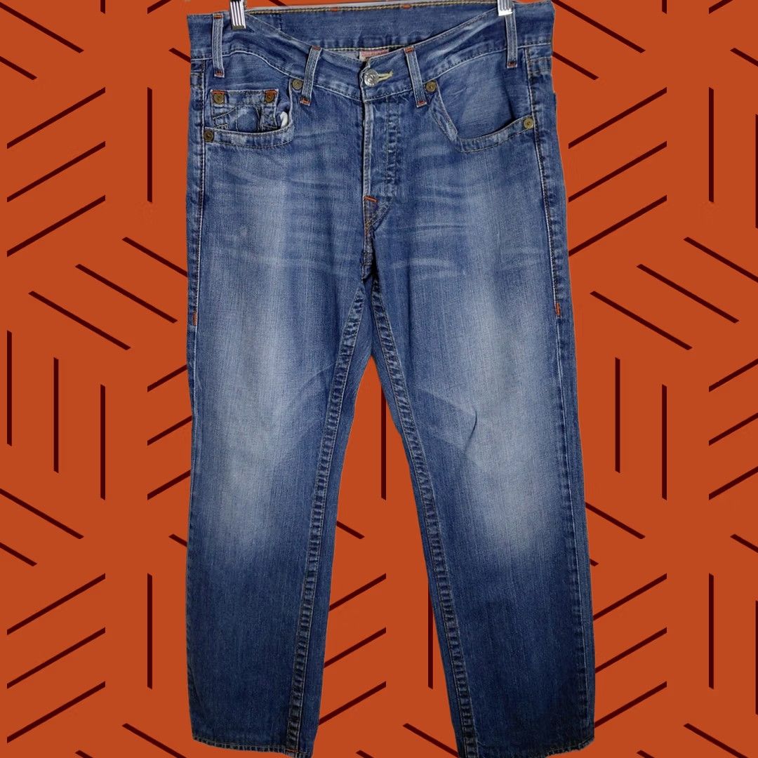True Religion True Religion Jeans Slim Made in USA Blue Denim Men 33 Regular Inseam 30 Button Logo Straight Everyday Casual Belt Loop Sungold? Size US 33 - 1 Thumbnail