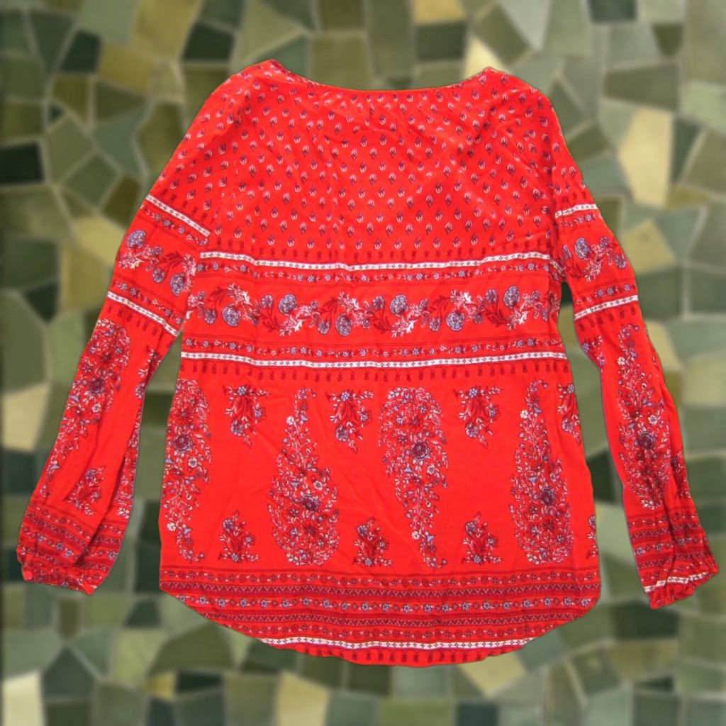 Old Navy Old Navy Blouse (M) Peasant Tunic Floral Long Sleeve Red White Blue 100% Rayon Womens Shirt Size M / US 6-8 / IT 42-44 - 1 Thumbnail