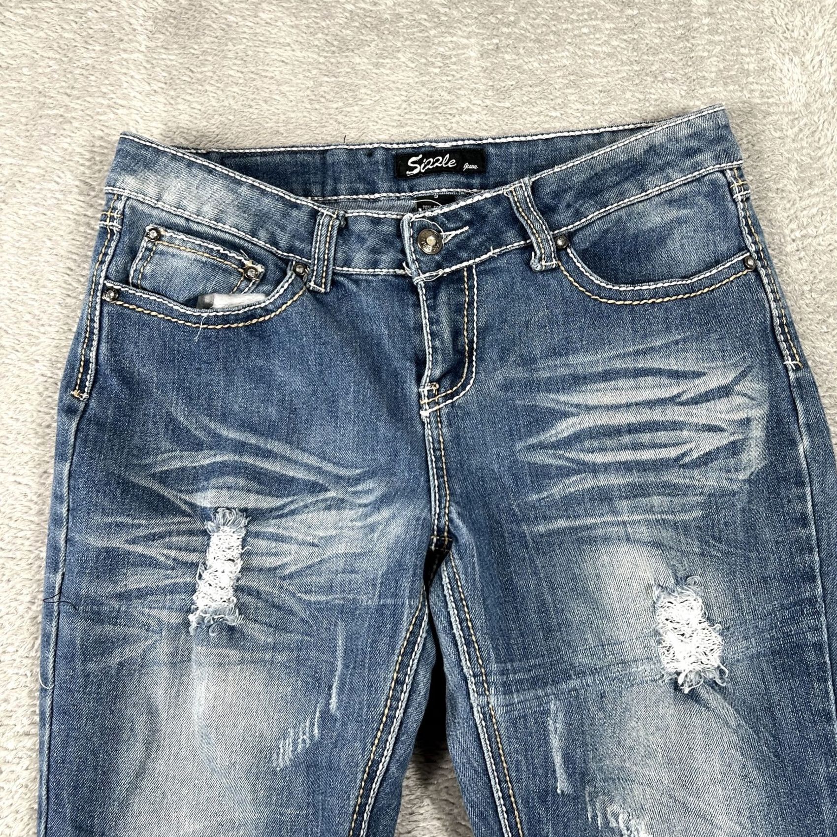 Denime Sizzle Jeans Womens 9 Distressed Skinny Stretch Embellished Pocket Denim Pants Size 30" / US 8 / IT 44 - 3 Thumbnail