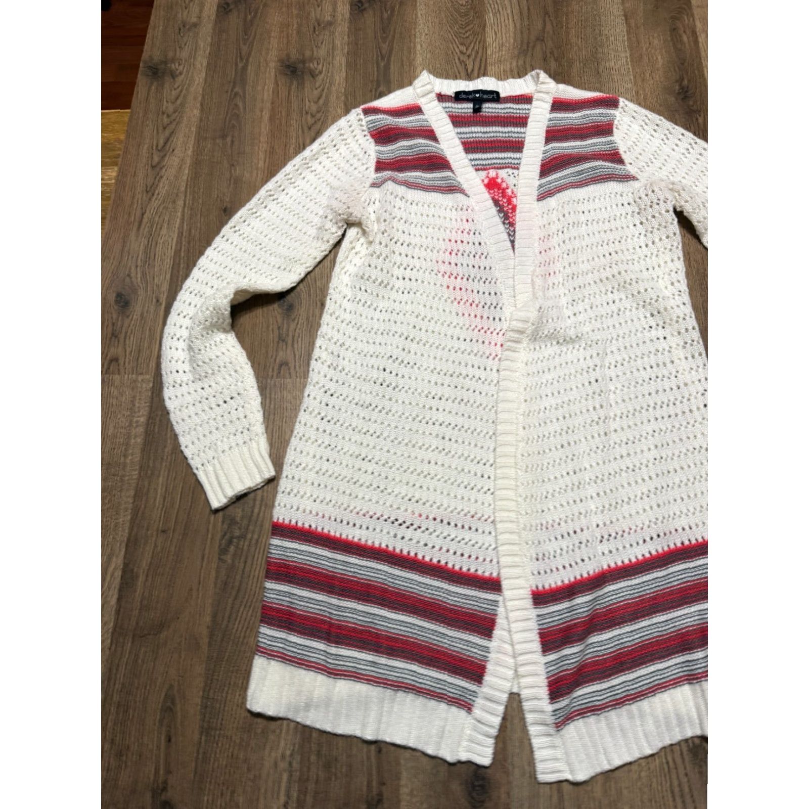 Vintage Derek Heart Women's Sweater Large White Red Grey Long Sleeve Open Cardigan Knit Size L / US 10 / IT 46 - 3 Thumbnail