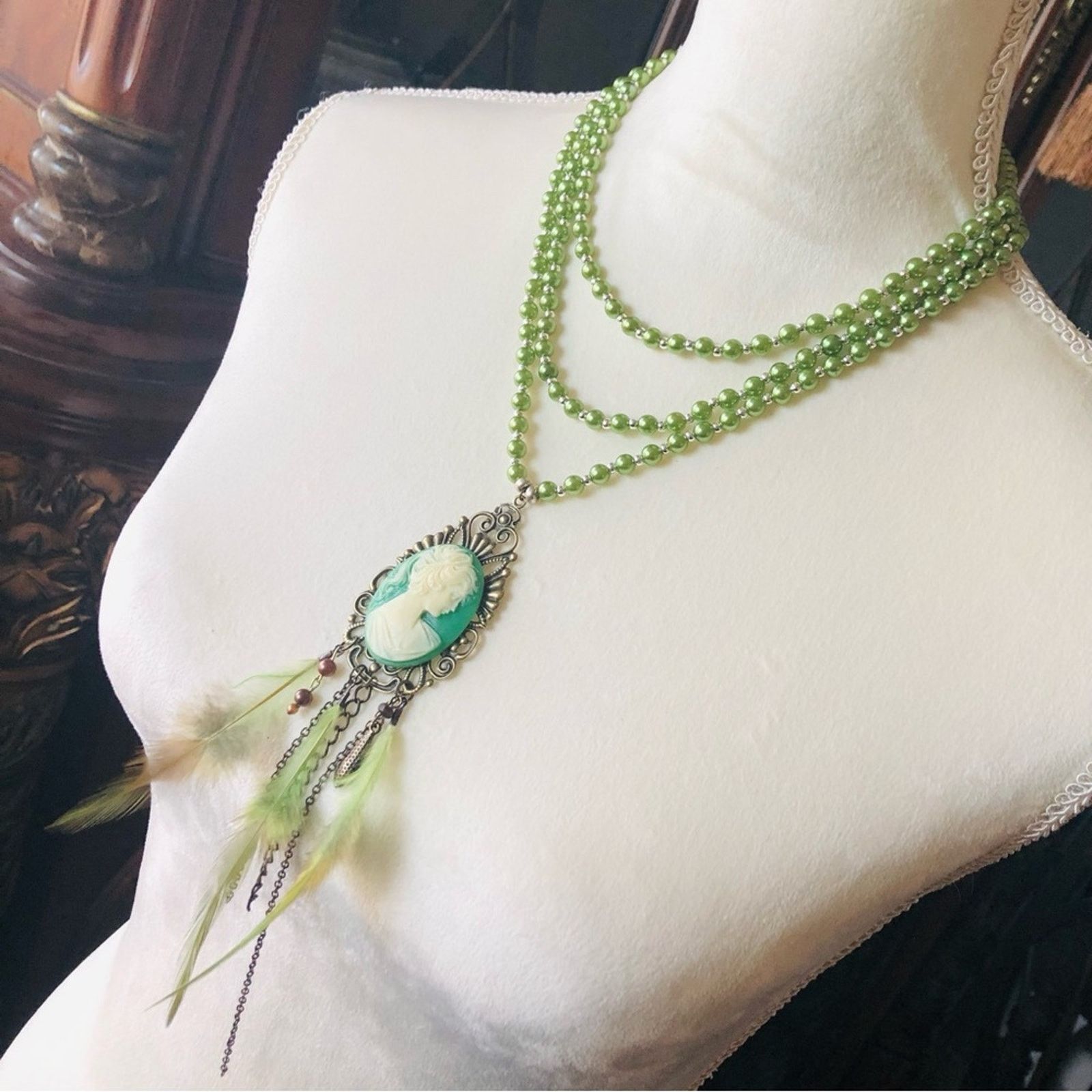Handmade Handcrafted filigree green cameo genuine malachite necklac Size ONE SIZE - 1 Thumbnail