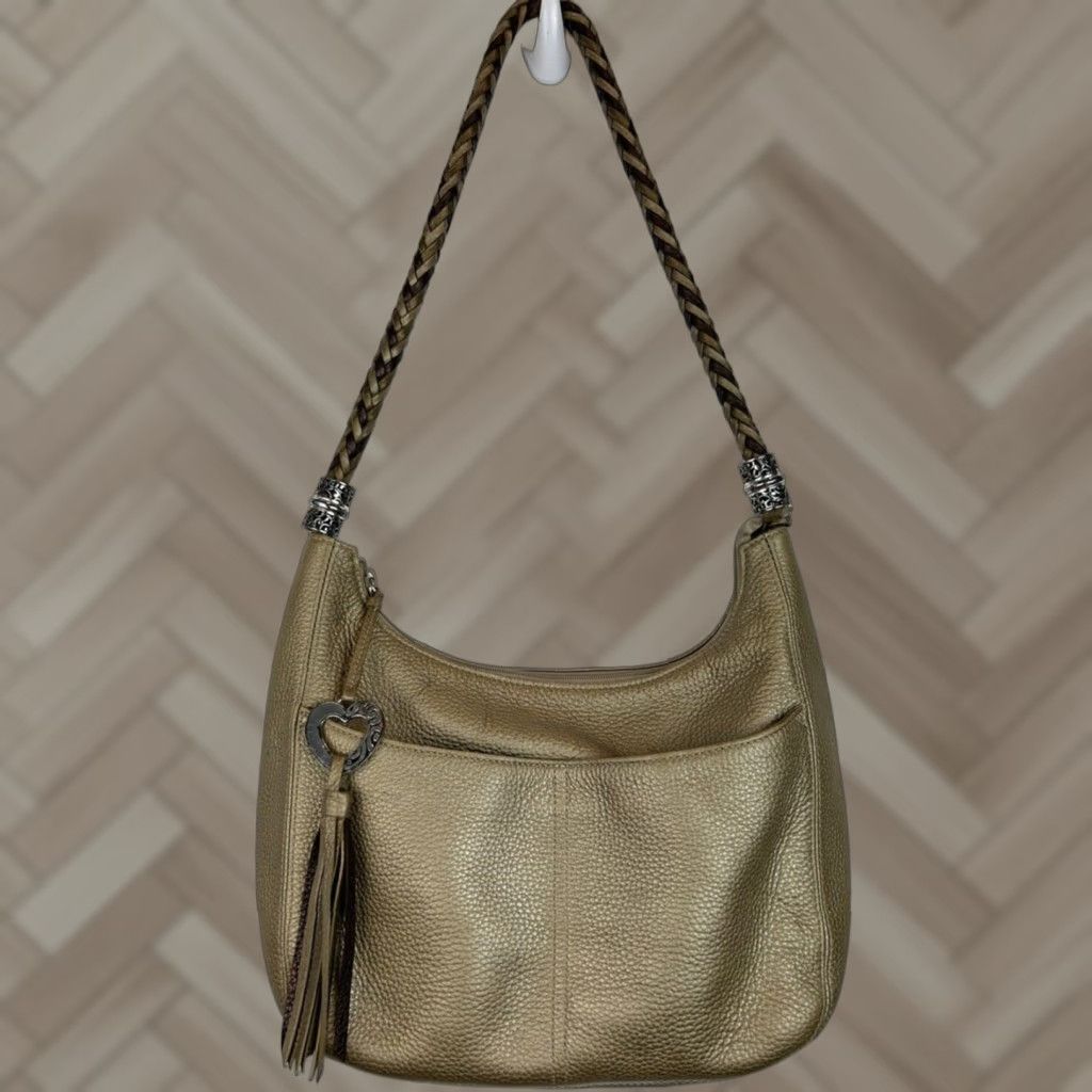Brighton Barbados Shoulder Bag Gold Tone Pebbled Leather Purse Zip Read