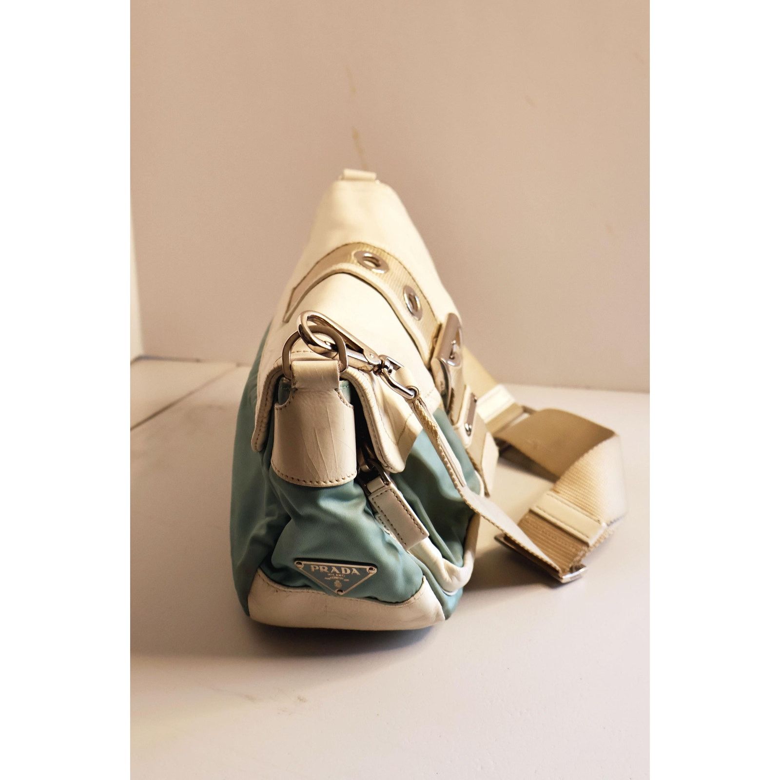 Prada Vintage PRADA White Leather + Baby Blue Nylon Bag Size ONE SIZE - 4 Thumbnail