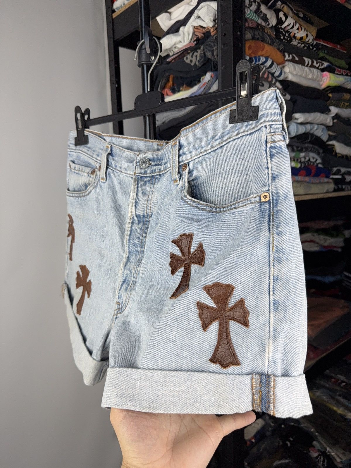 Levi's Vintage 90s Archival Chrome Hearts Style Cross Denim shorts Size 31" - 3 Thumbnail