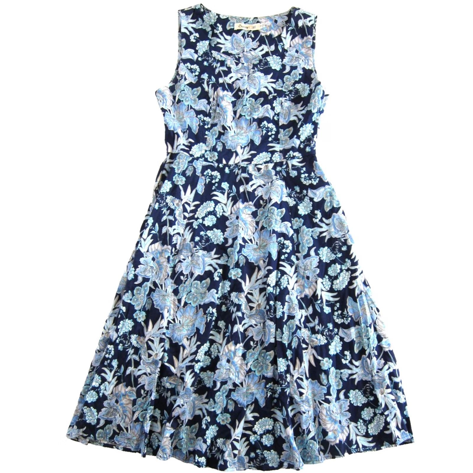 Vintage Sunny Girl Blue White Floral V-Neck Sleeveless Midi Dress Medium Sun Dress Size M / US 6-8 / IT 42-44 - 2 Thumbnail