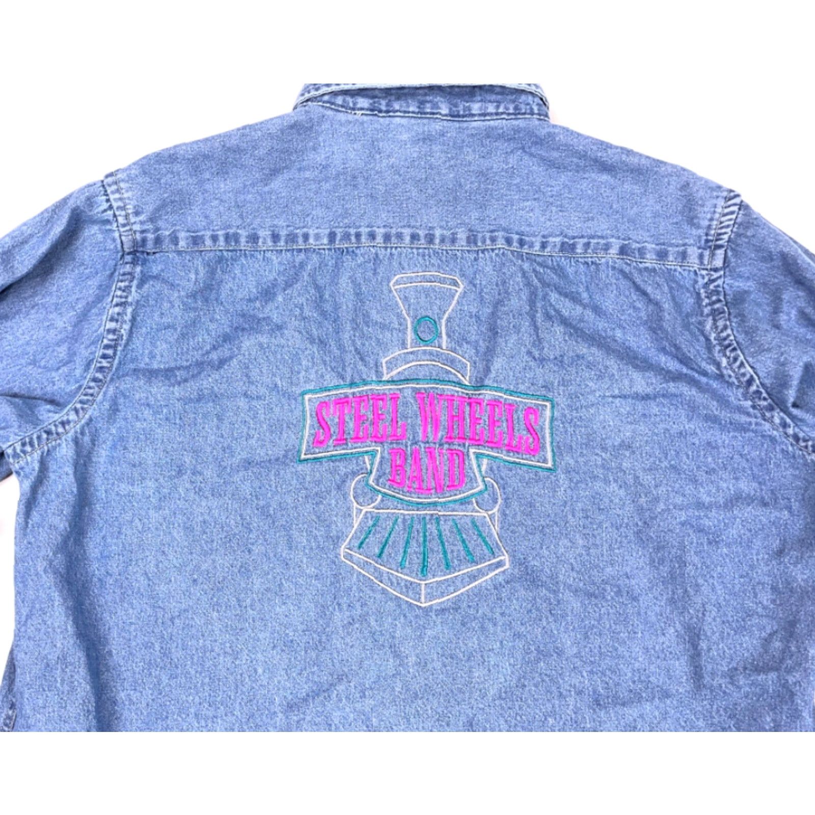Vintage Harriton Steel Wheels Band Denim Button-Up Shirt Blue Women's Large 90s Hipster Grunge Size L / US 10 / IT 46 - 3 Thumbnail