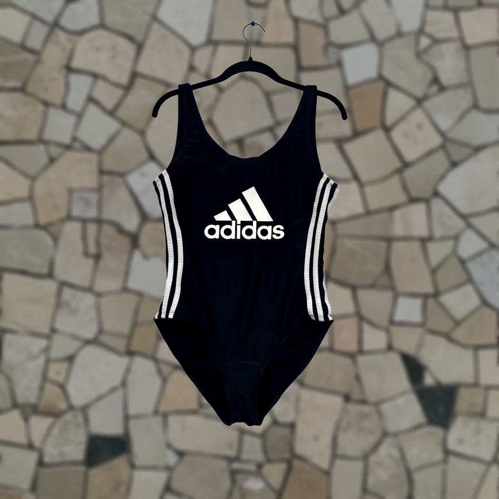 Adidas Adidas One Piece Swimsuit Black White Striped Logo Womens L Size ONE SIZE - 1 Thumbnail
