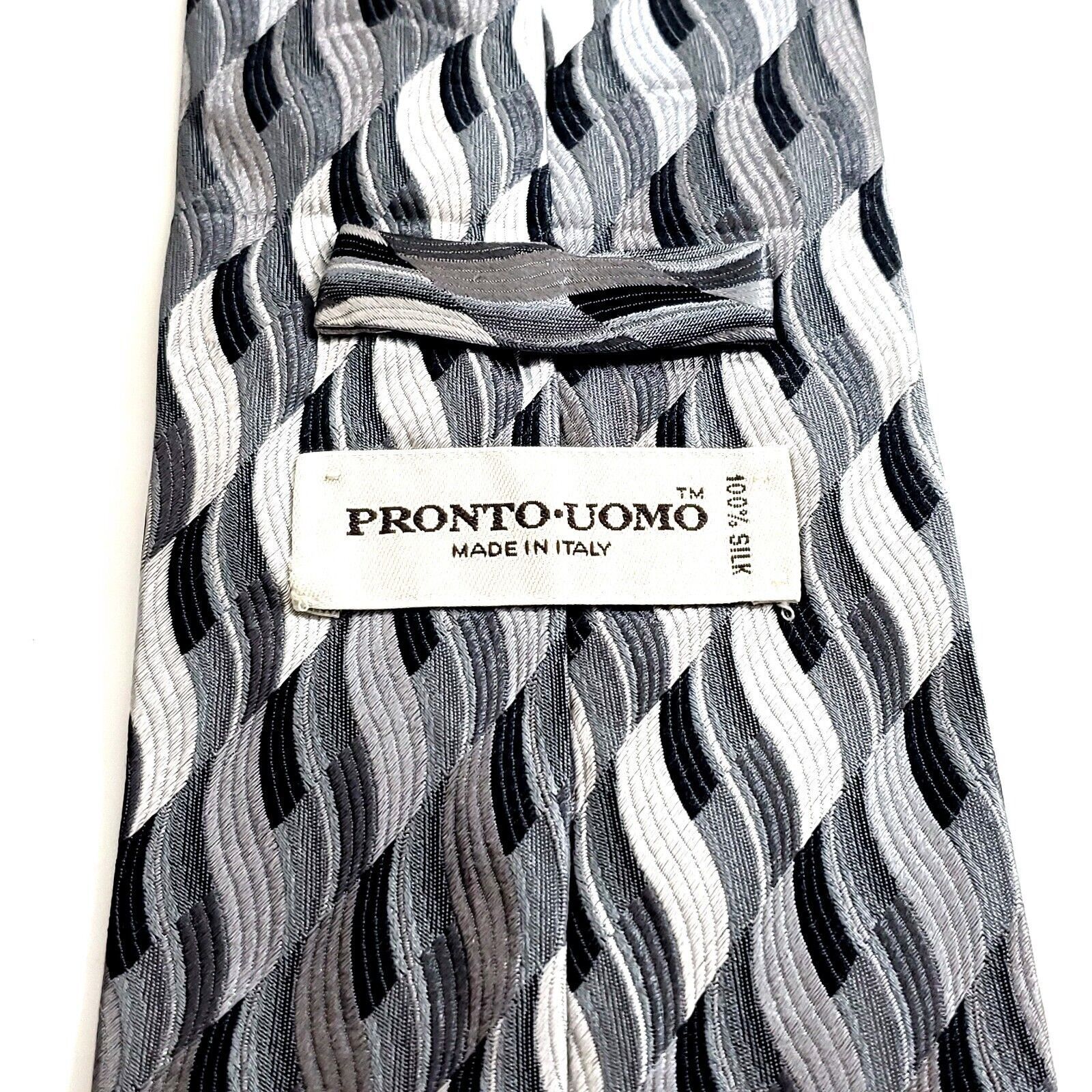 Pronto Uomo Pronto Uomo Gray Woven Geometric Long Wide Silk Tie Size ONE SIZE - 3 Thumbnail