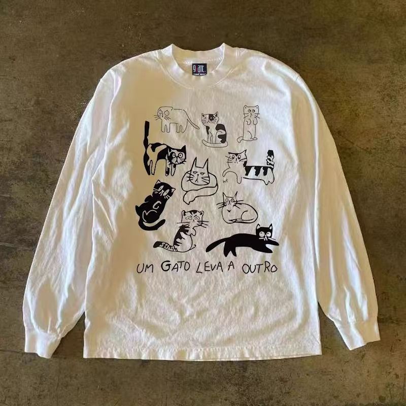 Japanese Brand White casual retro cat print long-sleeved t-shirt Size US M / EU 48-50 / 2 - 1 Thumbnail