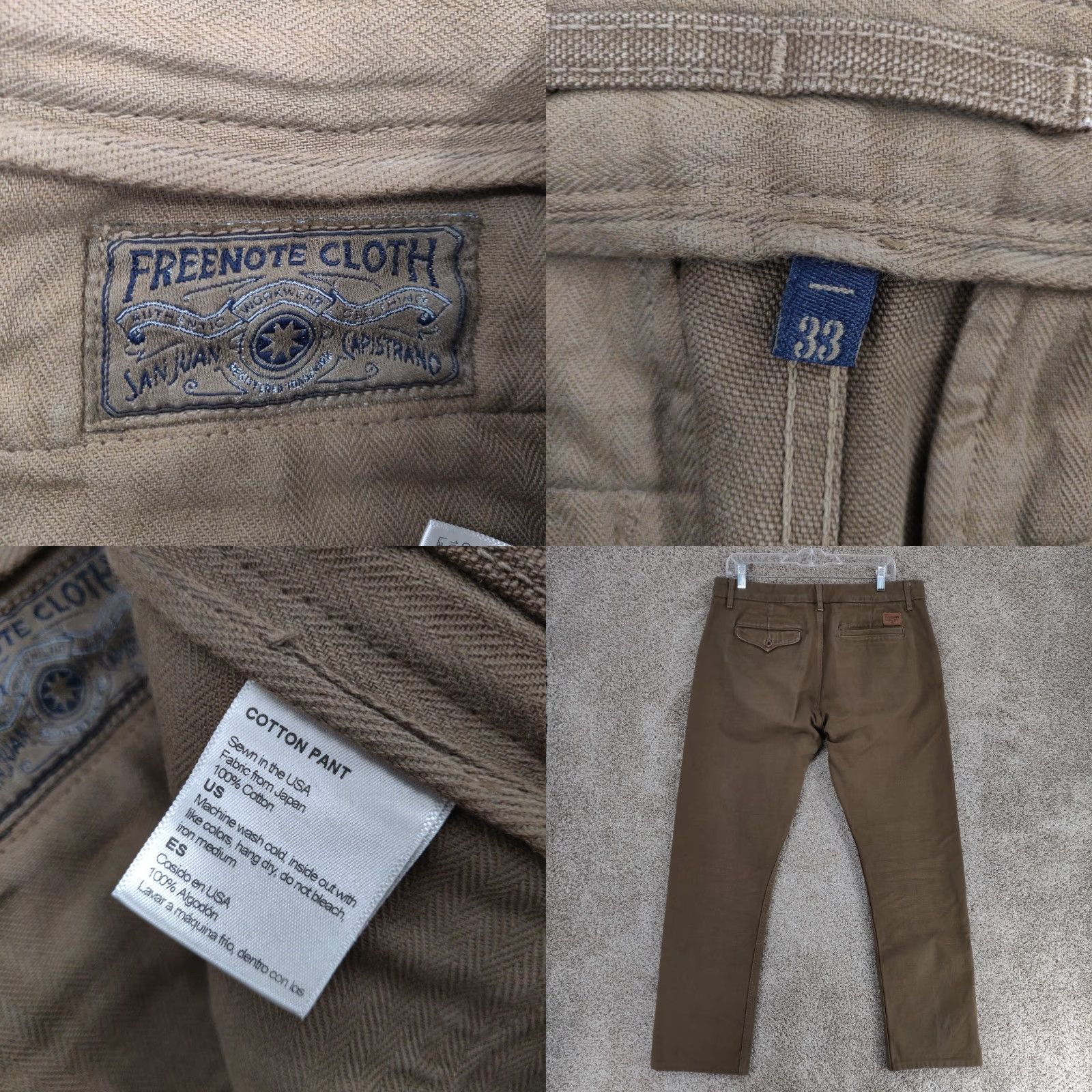 Freenote Cloth Freenote Cloth Workwear Chino Pants Mens 33 Slim Straight 14oz Tan Cotton Canvas Front Flat 5-Pocket USA Vintage No Size US 33 - 9 Thumbnail
