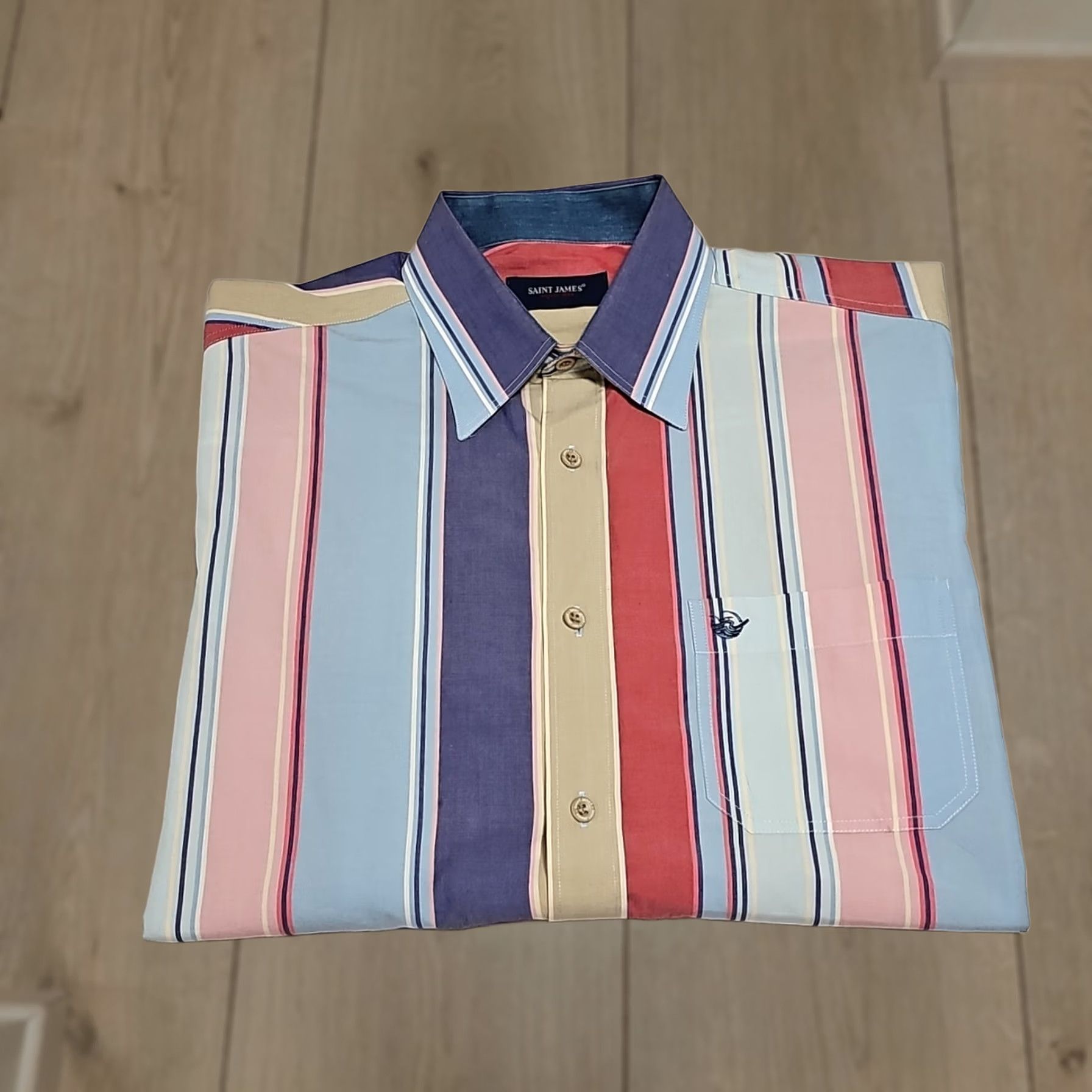 Saint James Depuis 1889 Button-Up Shirt Sz 38 Long Sleeve Multicolor Striped Button-Down Collar Men Regular Chest Pocket France, Men's