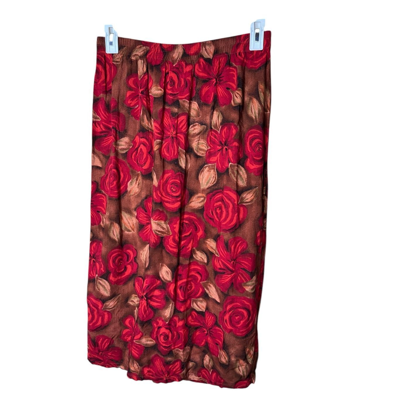 Other Vintage Sag Harbor Petite Red Roses Brown Long Skirt Faux Wr Size 31" - 4 Thumbnail
