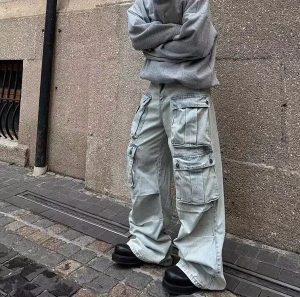 Japanese Brand VIBE Retro multi-pocket workwear wide-leg floor-length jeans Size US 33 - 5 Thumbnail