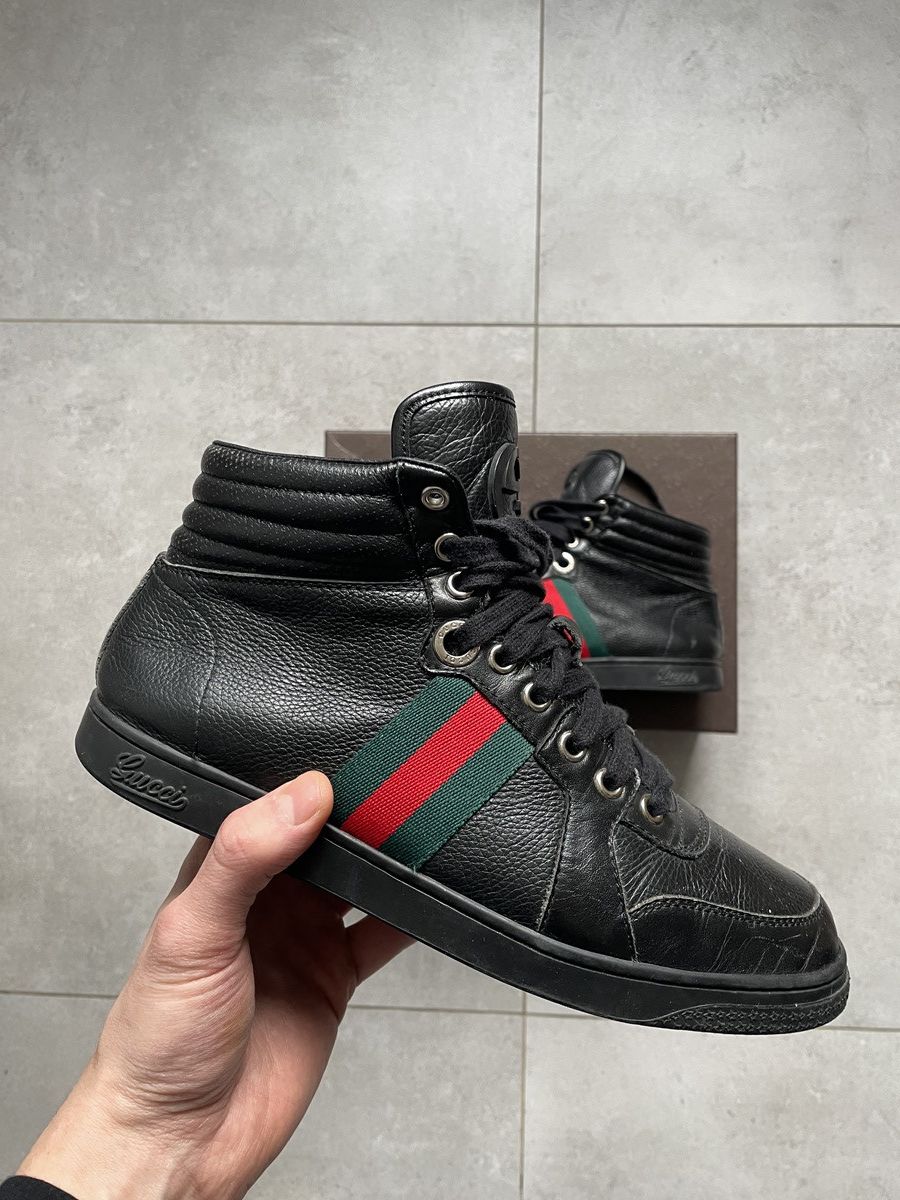 Gucci GUCCI BLACK LEATHER WEB HIGHTOPS Size US 9 / EU 42 - 1 Thumbnail