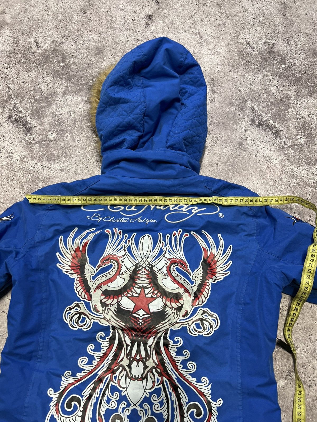 Ed Hardy by Christian Audigier Embroidered Fur Bomber Jacket