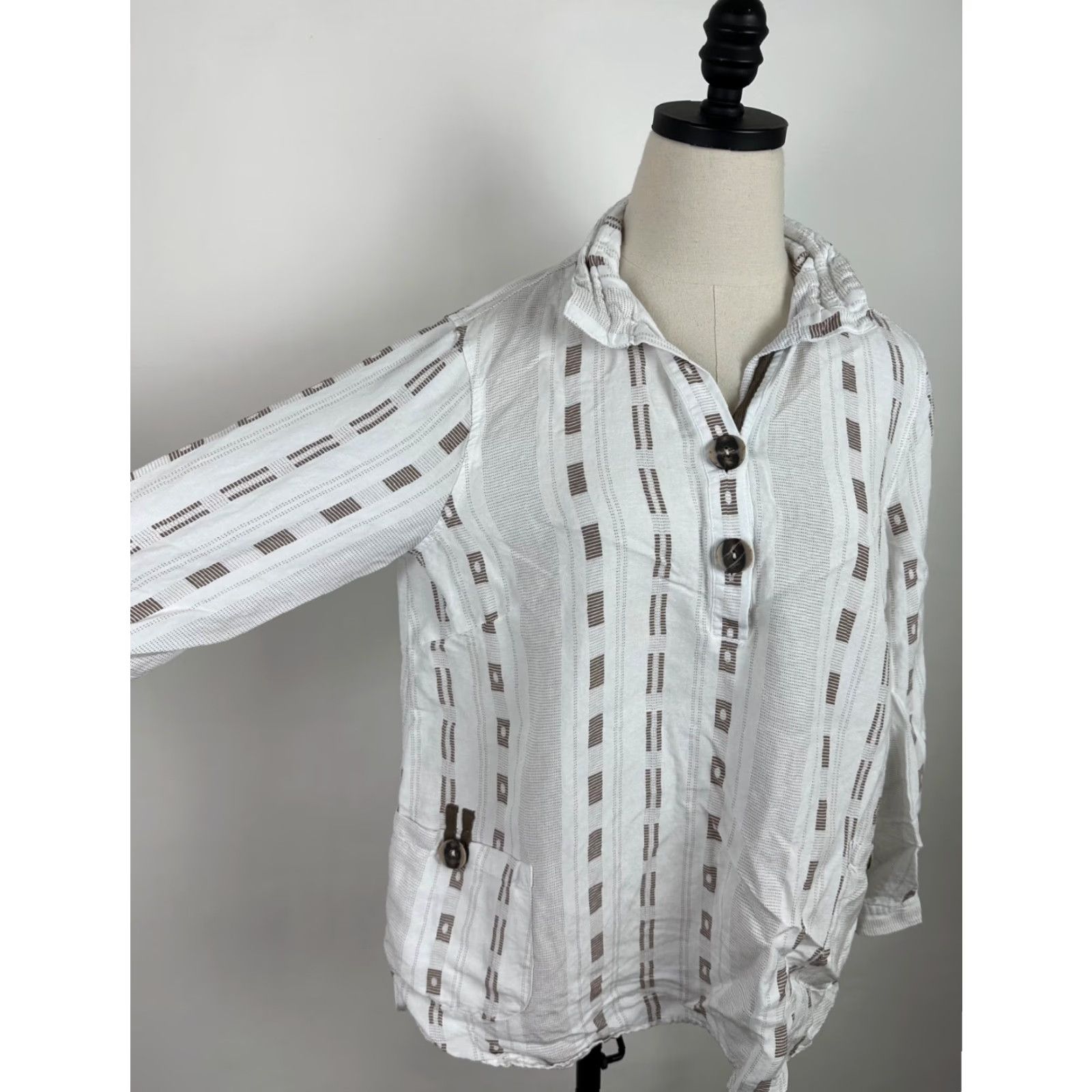 Vintage Ali Miles Shirt Womens Medium Linen Blend Geometric Stripe Roll Tab Sleeve Boho Size M / US 6-8 / IT 42-44 - 4 Thumbnail