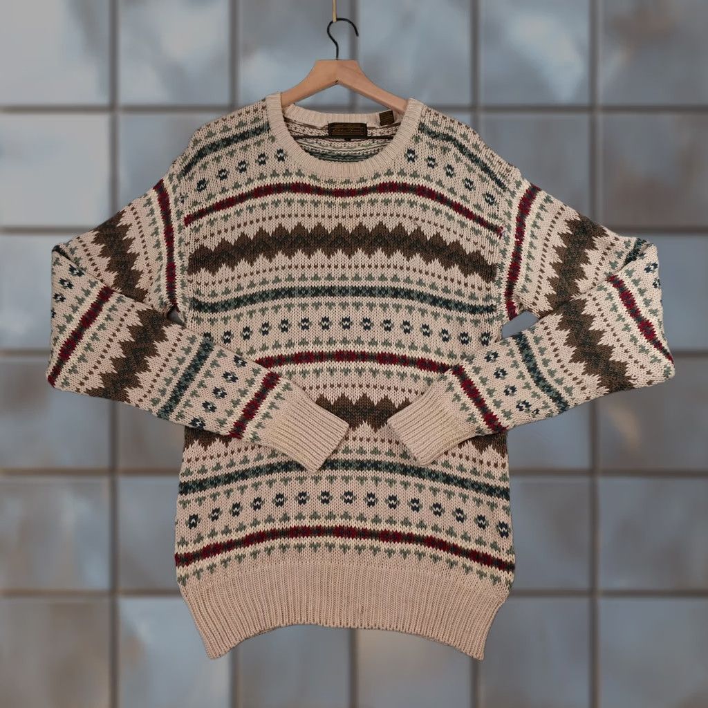 Eddie Bauer VINTAGE Eddie Bauer Sweater Mens Large Brown Geometric Knit Crewneck 90s Size US L / EU 52-54 / 3 - 1 Thumbnail