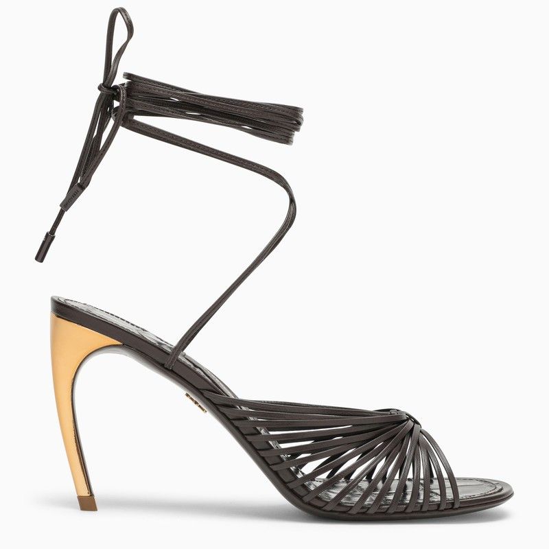image of Salvatore Ferragamo Ferragamo Brown Sandal With Strings And Golden Heel Shoes, Women's (Size 7)