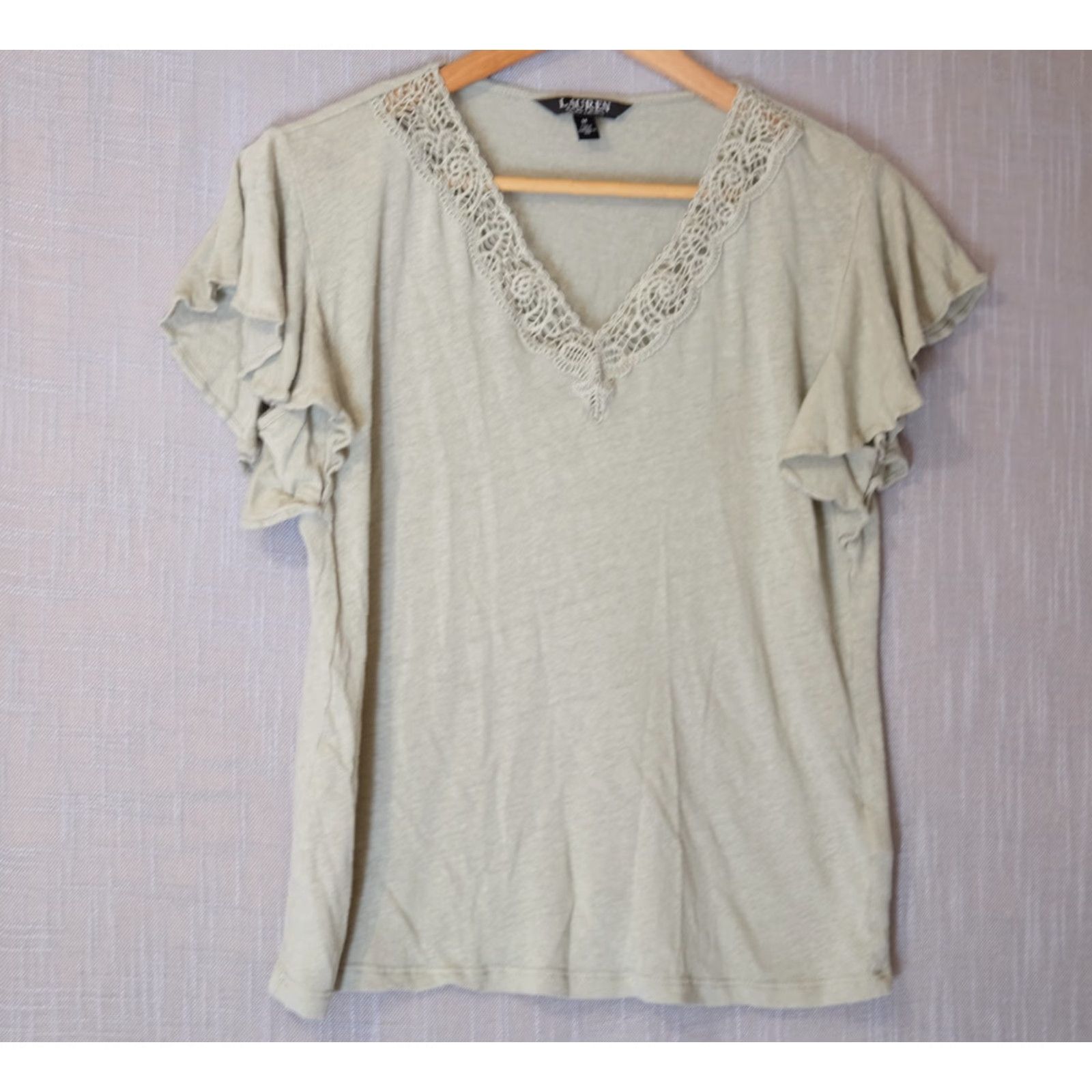 Ralph Lauren Lauren Ralph Lauren Crochet Lace V-Neck Top Womens M Green Linen/Viscose Shirt Knit Casual Slim Short Sleeve T-Shirt 90s Style Womens M Size M / US 6-8 / IT 42-44 - 2 Thumbnail