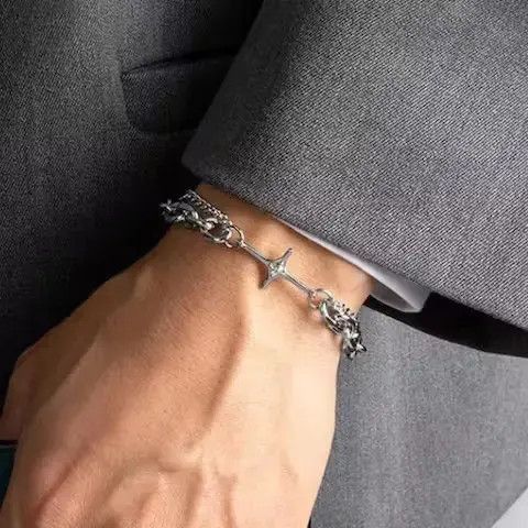 Jewelry Chrome Silver Cross Bracelet Goth God Pendant Chain, Men's