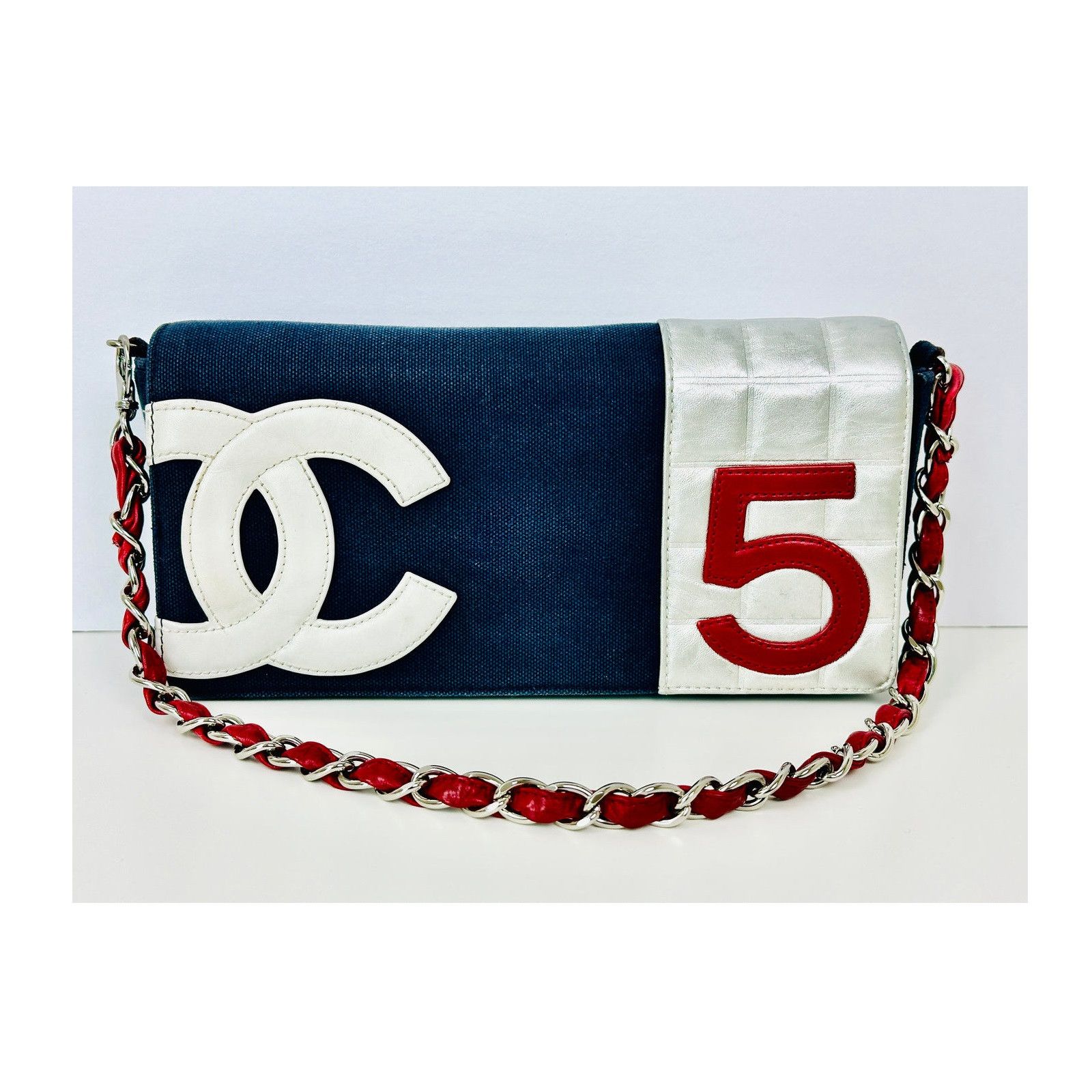 image of Chanel No.5 Chocolate Bar East West Handbag Navy, Silver in Navy/Silver, Women's